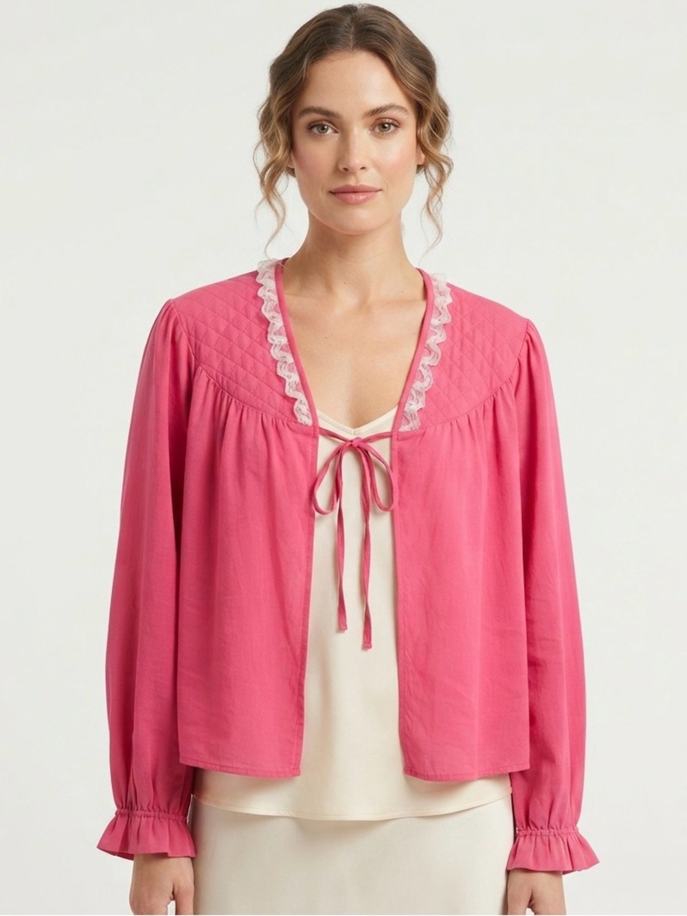 Vintage Brentfords Fuchsia Pink Bed Jacket Chiffon Quilted Lace Cardigan Top